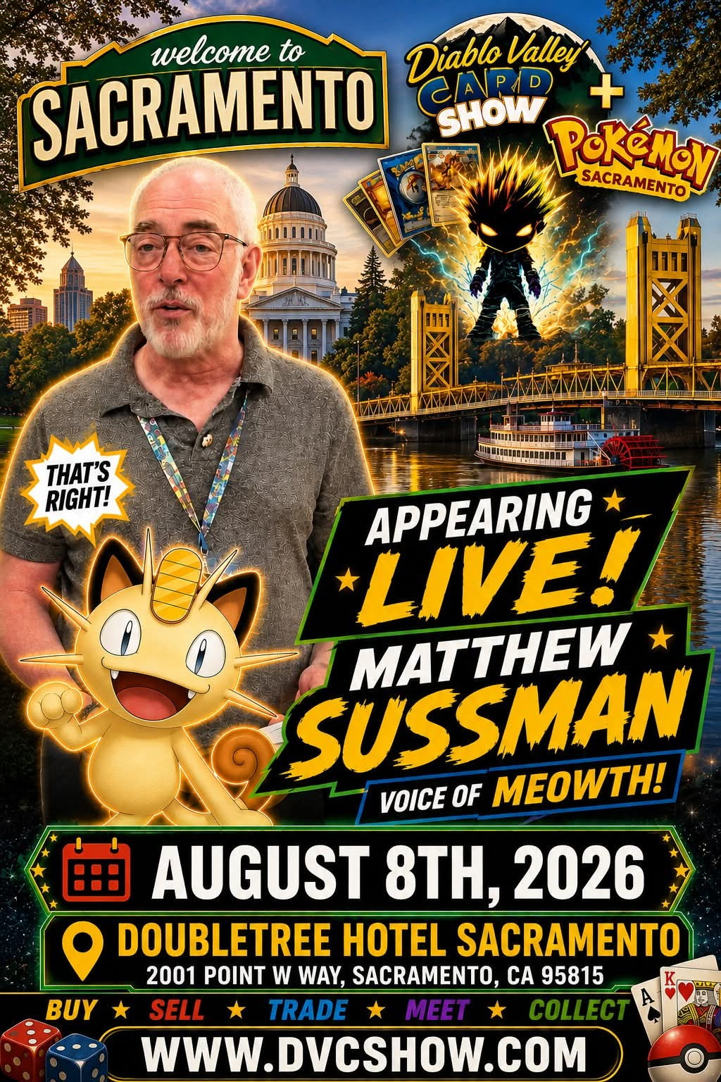 Diablo Valley Card Show + Pokémon Sacramento — August 8, 2026 at the DoubleTree Hotel Sacramento, featuring Matthew Sussman the Voice of Meowth